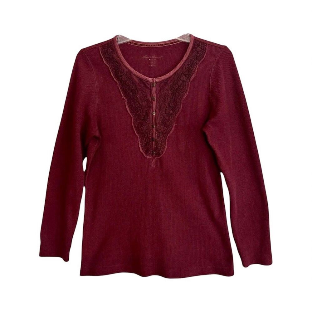 Eddie Bauer Y2K Henley Top M Lace Waffle Knit Thermal Elena Bella Burgundy 2010s